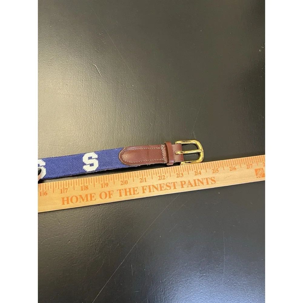 Preppy Brown Leather Blue White Needlepoint Block S Youth Belt XS